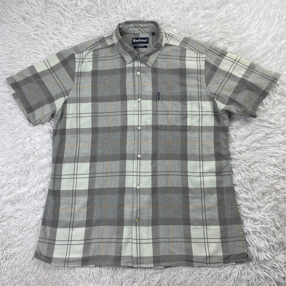 Barbour Shirt Mens Medium Gray Plaid Button Up Pocket Short Sleeve 100% Cotton M